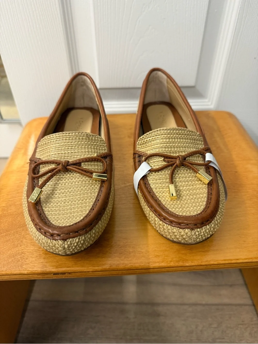 Michael Kors Tan Raffia and Brown Leather with Gold-Tip Bow